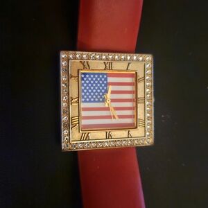 Gold Watch with American Flag Dial and Red Strap